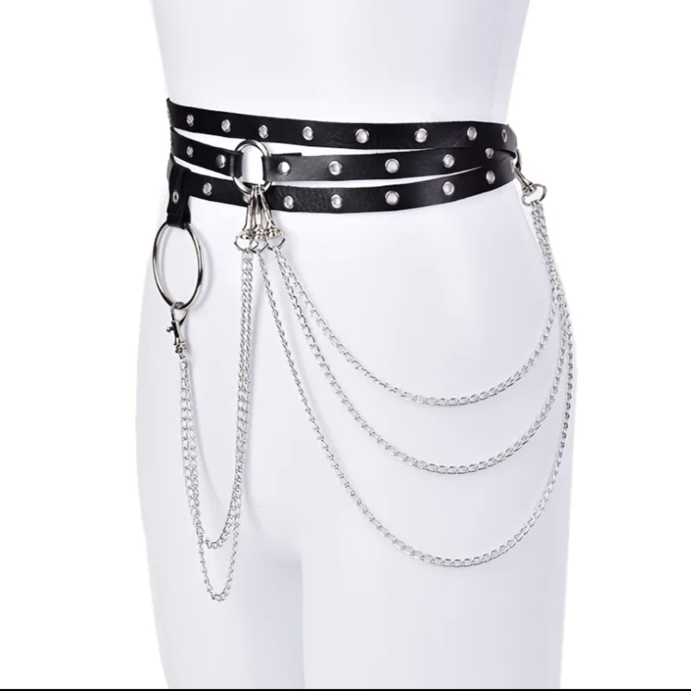 Woman's Black Waist Belt With Chain - Picture 4 of 7